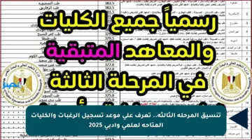 تنسيق المرحلة الثالثة.. تعرف على موعد تسجيل الرغبات والكليات المتاحة لعلمي وأدبي 2025
